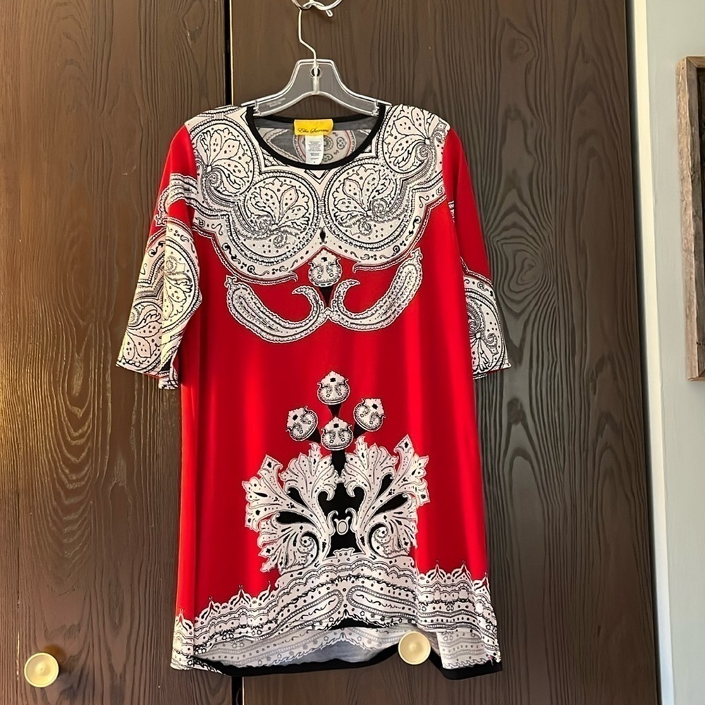 Ella Sámani red/ ivory top with rhinestones. Size Medium